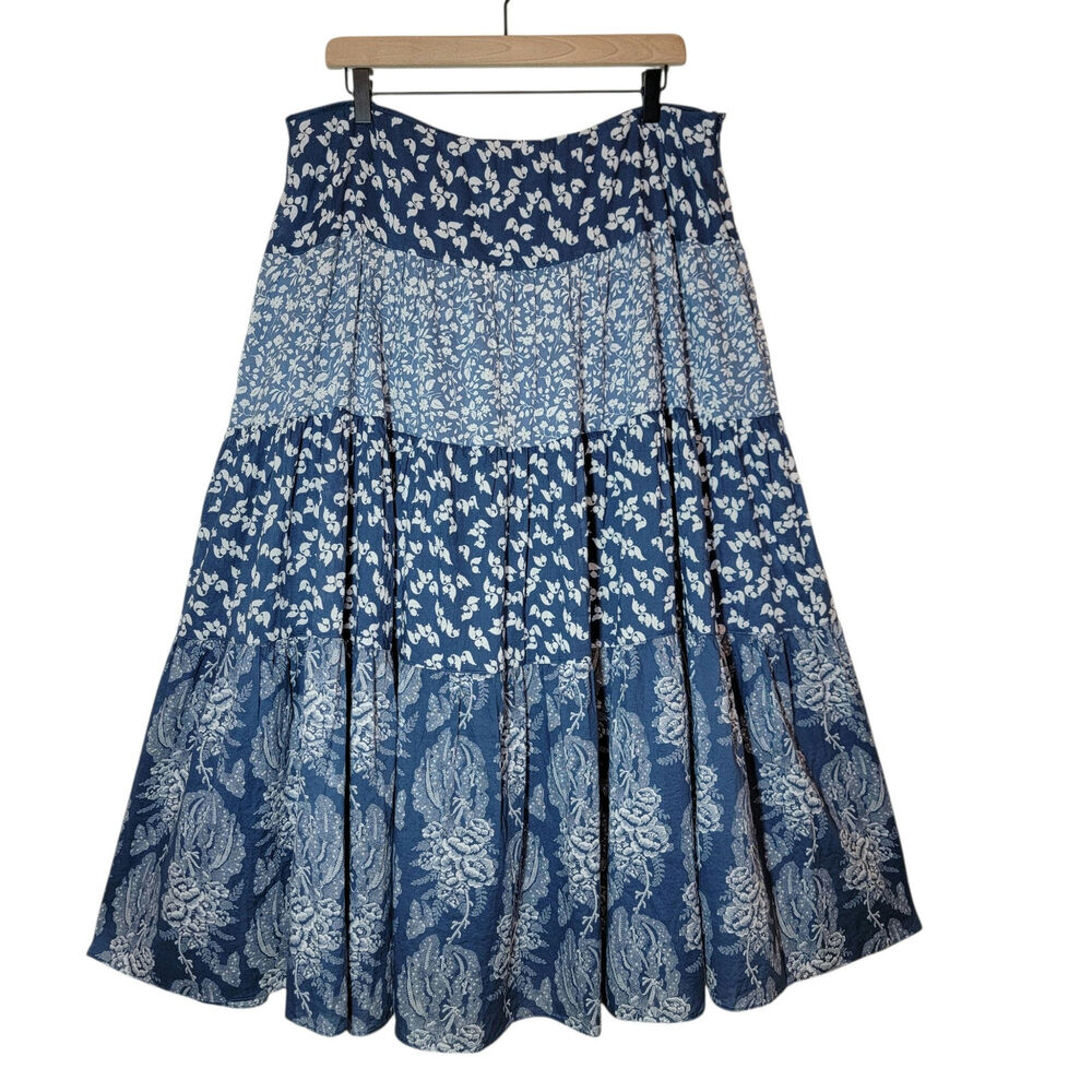 Ralph Lauren Floral Cotton Tiered Ruffle Hem Maxi Skirt Blue White 16 Romantic - Picture 8 of 14